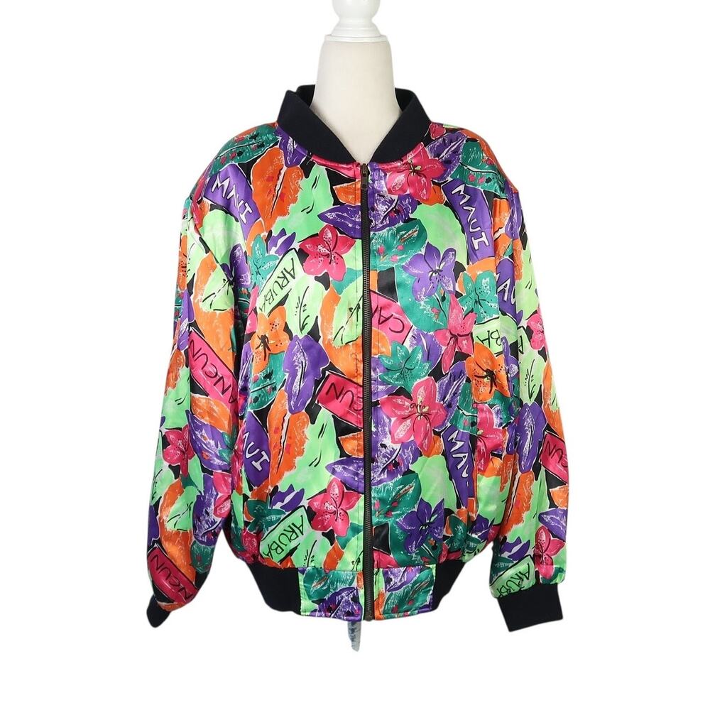 Vintage 80s/90s Stefano Tropical Floral Island Print Satin Bomber Jacket M